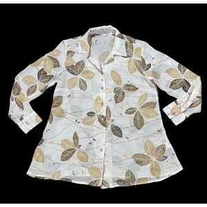 Vipavadee Women’s Small S Floral Leaf Print Long Sleeve Tunic Button Blouse Top